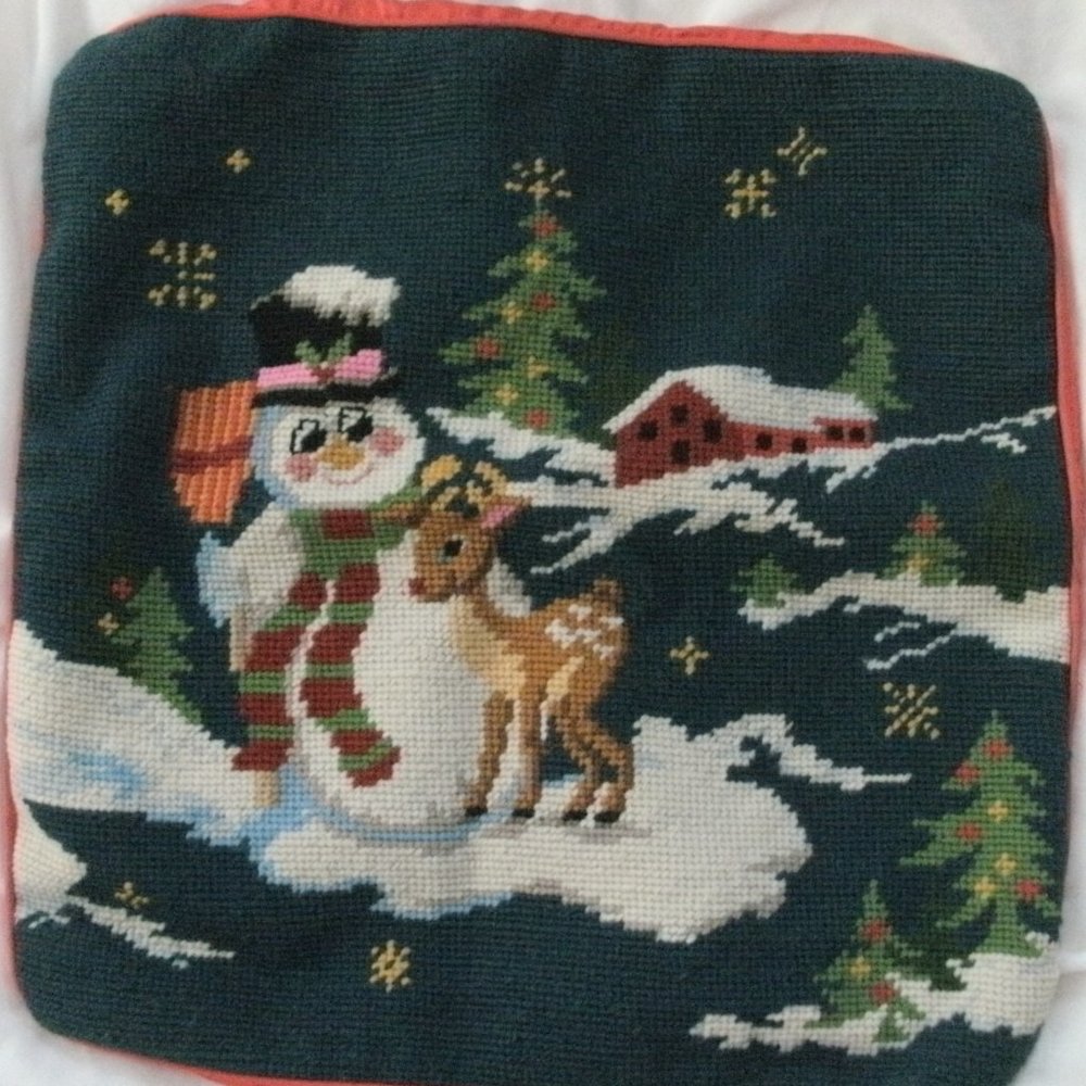 Vintage Steinwinder Needlepoint Pillow Cover Christmas Snowman & Reindeer 13x13